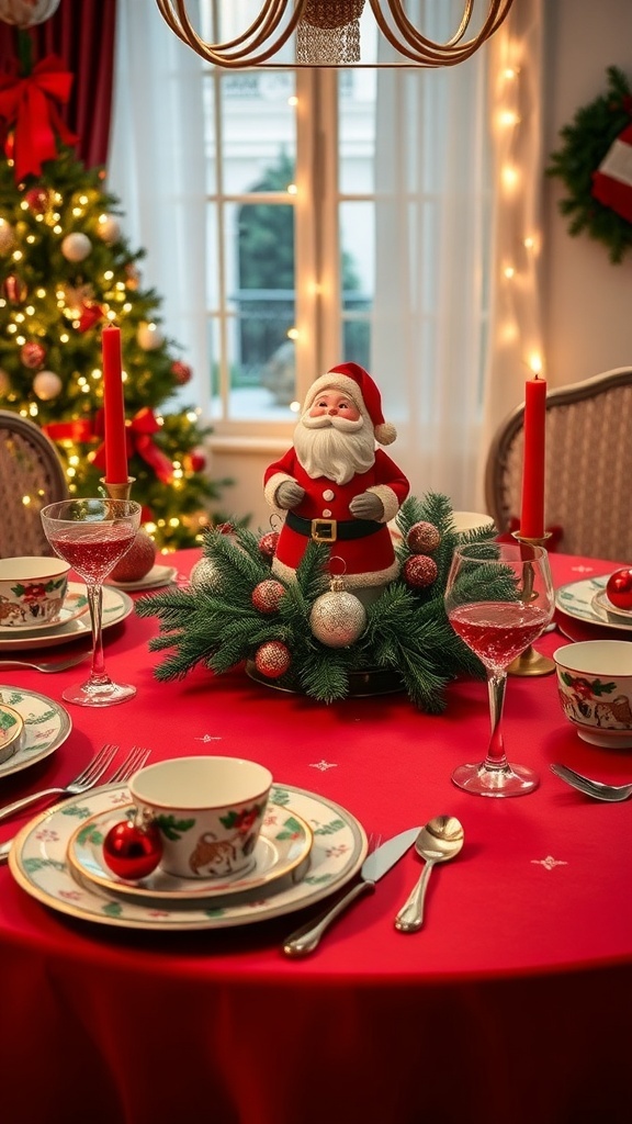 A festive Christmas table setting with Santa decorations, including a centerpiece, themed dinnerware, and fairy lights.